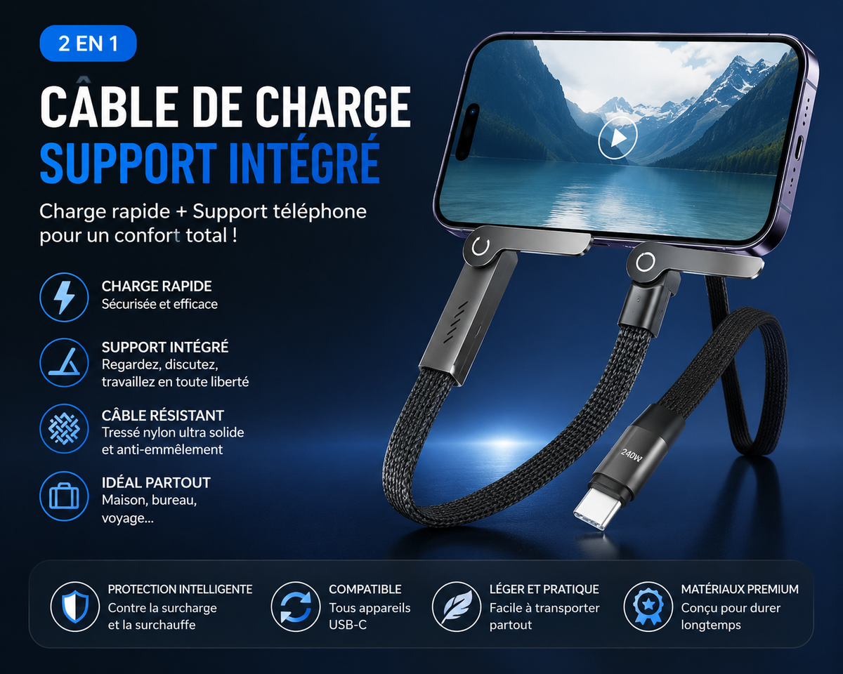 Câble Charge Rapide 2 en 1 avec Support Intégré